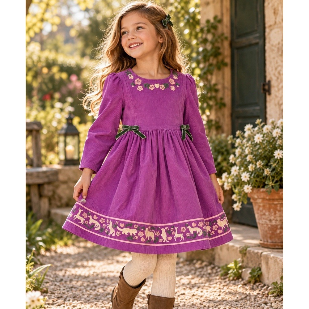 Mini Boden Girls 8-9Y Purple Corduroy Woodland Animal Embroidered Dress